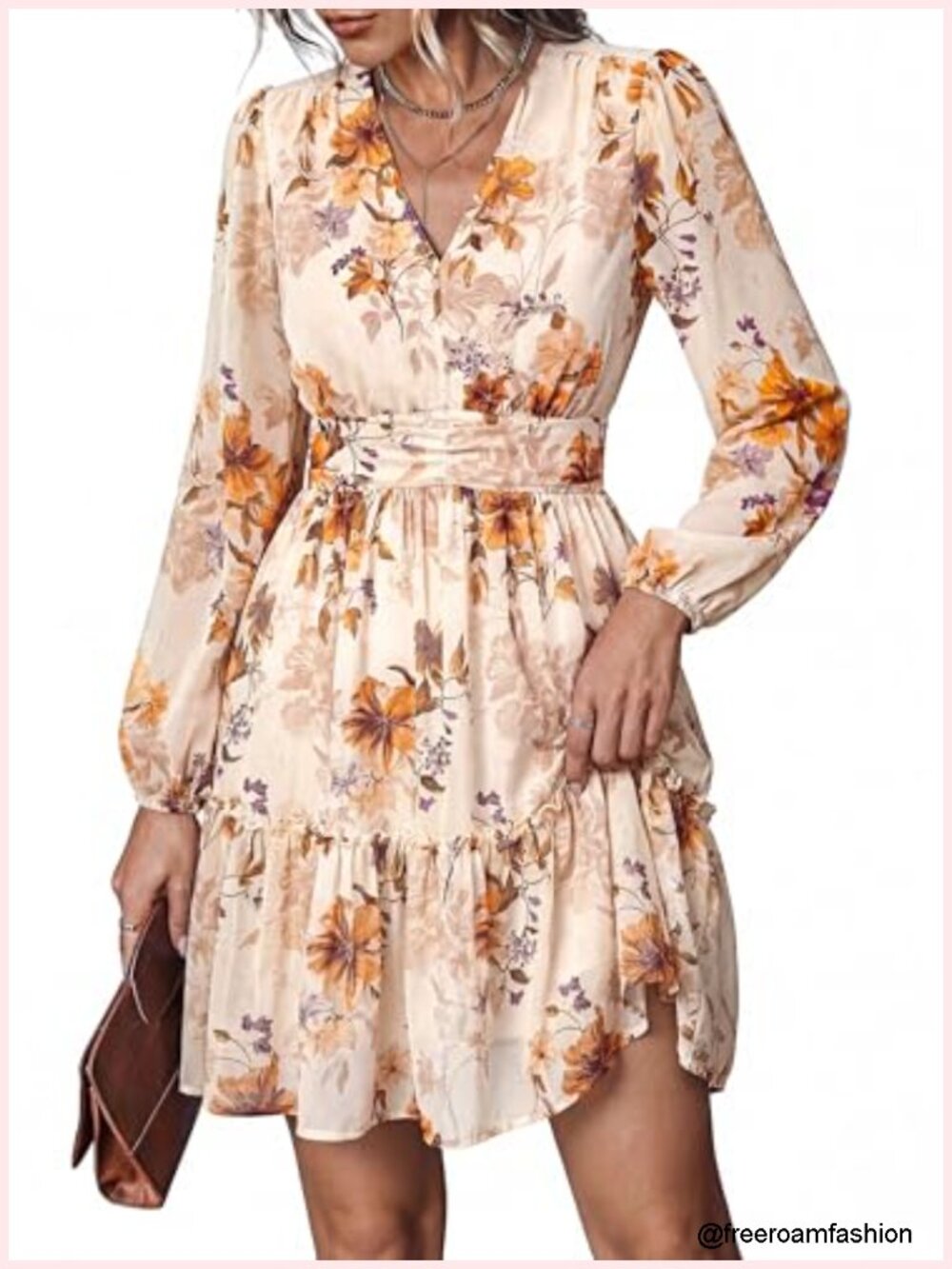 Women's Floral Mini Dress Long Sleeve V-Neck Fit & Flare Ruffle Hem A-Line - Picture 4 of 6